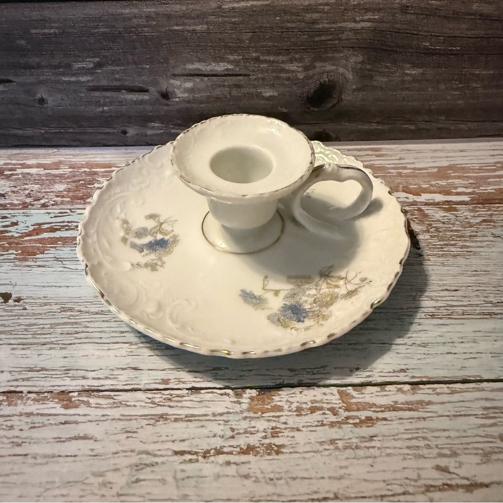 Vintage Floral Ceramic Candle Holder Candlestick Chamber-stick blue, white, gold